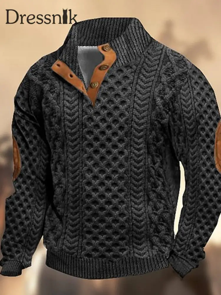 Retro-Web-Textur-Muster Bedruckt Western Vintage Henry Button V-Ausschnitt Outdoor Dickes
