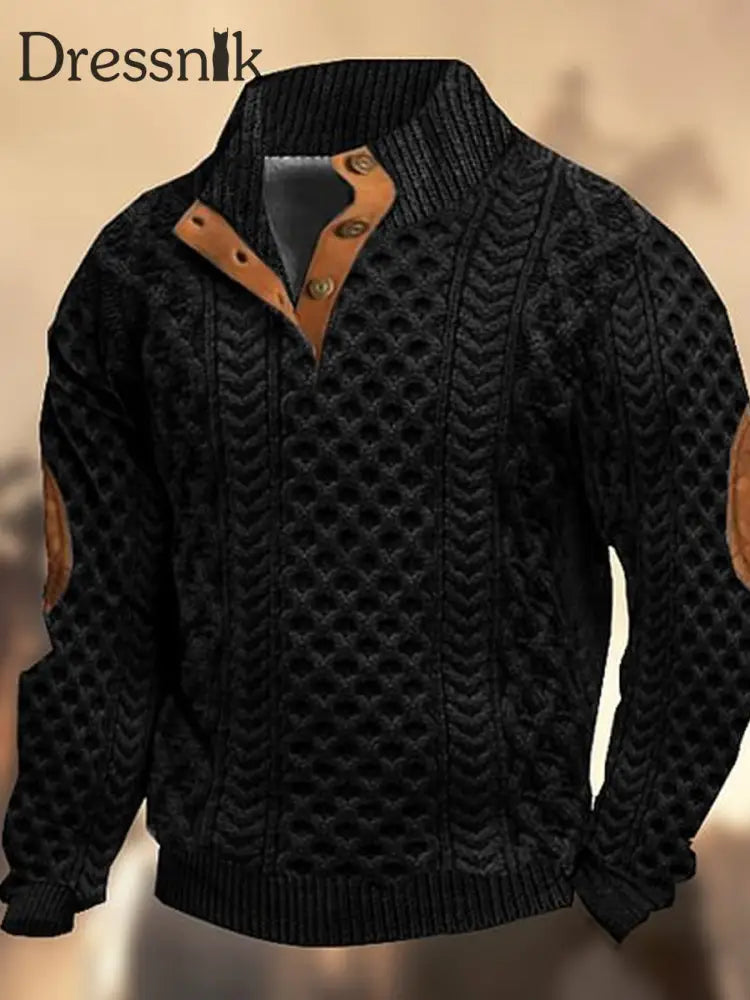 Retro-Web-Textur-Muster Bedruckt Western Vintage Henry Button V-Ausschnitt Outdoor Dickes