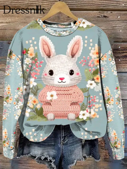 Retro Weihnachten Bunny Print Modische Rundhals Pullover Langarm Sweatshirt