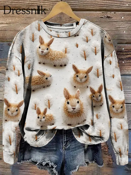 Retro Weihnachten Bunny Print Modische Rundhals Pullover Langarm Sweatshirt