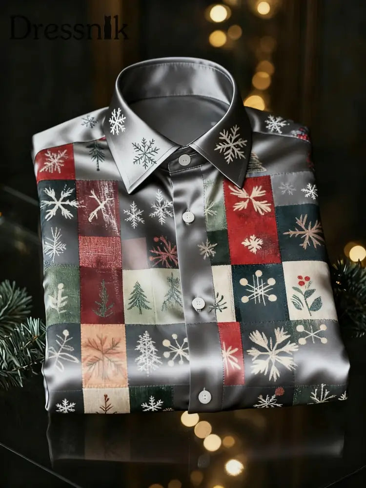 Retro Weihnachten bunt Patchwork Print Royal Luxus Langarm Shirt Grau / S