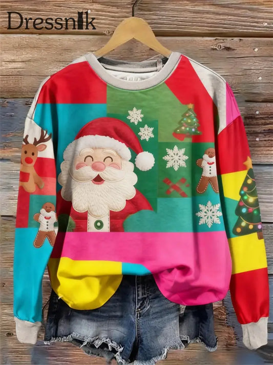 Retro Weihnachten bunte Patchwork bedruckte Rundhals-Retro-Mode Lose Langarm Sweatshirt als bild / S