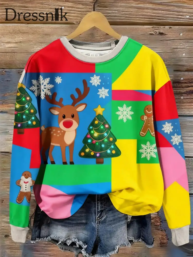Retro Weihnachten bunte Patchwork bedruckte Rundhals-Retro-Mode Lose Langarm Sweatshirt als bild / S