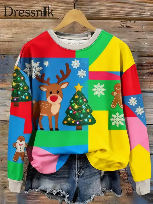 Retro Weihnachten bunte Patchwork bedruckte Rundhals-Retro-Mode Lose Langarm Sweatshirt als bild / S