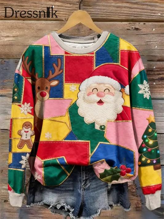 Retro Weihnachten bunte Patchwork bedruckte Rundhals-Retro-Mode Lose Langarm Sweatshirt als bild / S