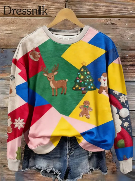 Retro Weihnachten bunte Patchwork bedruckte Rundhals-Retro-Mode Lose Langarm Sweatshirt als bild / S