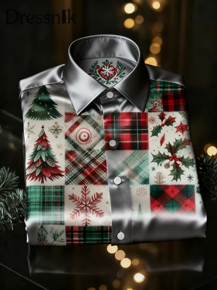 Retro Weihnachten buntes Patchwork-Karo-Print Königliches Luxus-Langarm-Shirt Grau / S