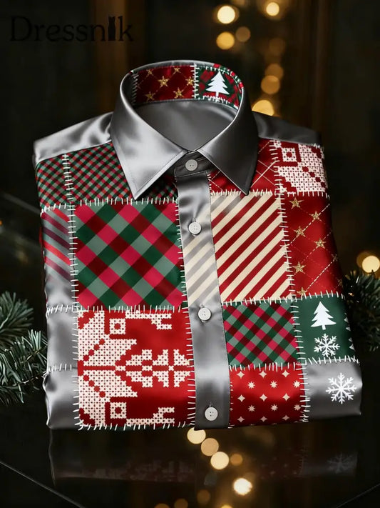 Retro Weihnachten buntes Patchwork-Karo-Print Königliches Luxus-Langarm-Shirt Rot / S