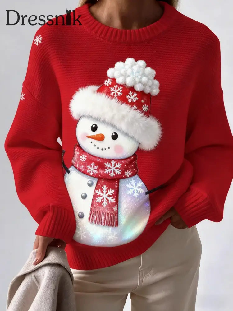 Retro Weihnachten charmanter Schneemann bedruckte Rundhals-Retro-Mode Lose Langarm-Strickwaren Rot / S