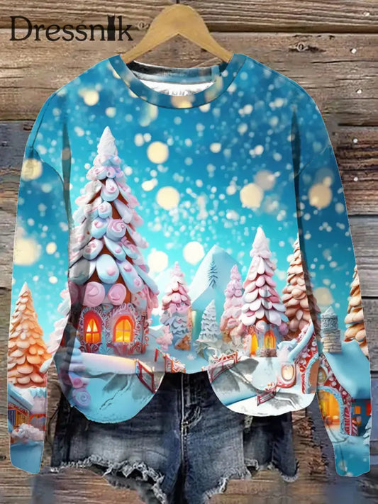 Retro Weihnachten Fantasy Castle Print Mode Rundhals Pullover Langarm Sweatshirt