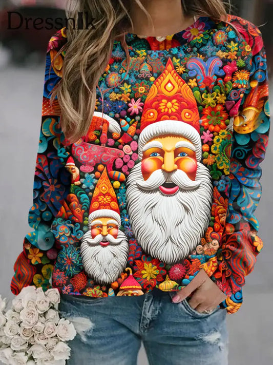 Retro Weihnachten Hippie Print Modischer Pullover Mit Rundhals Ausschnitt Langarm Sweatshirt