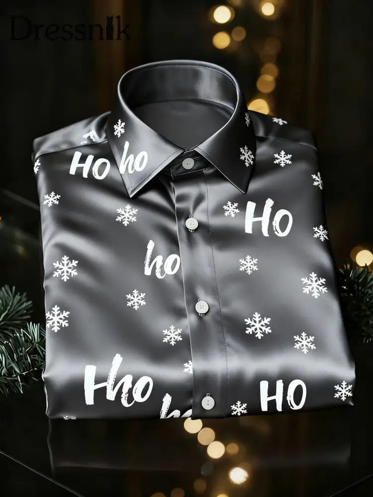 Retro Weihnachten Hoho Schneeflocken Druck Royal Luxus Langarm Hemd Grau / S