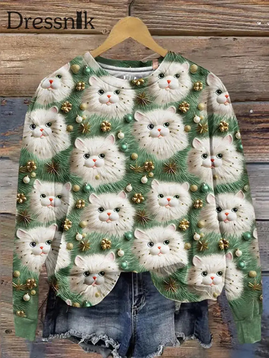 Retro Weihnachten Kitten Print Mode Rundhals-Ärmel Lang Ärmelig Sweatshirt