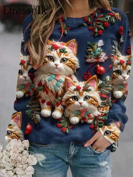 Retro Weihnachten Kitten Print Mode Rundhals-Ärmel Lang Ärmelig Sweatshirt