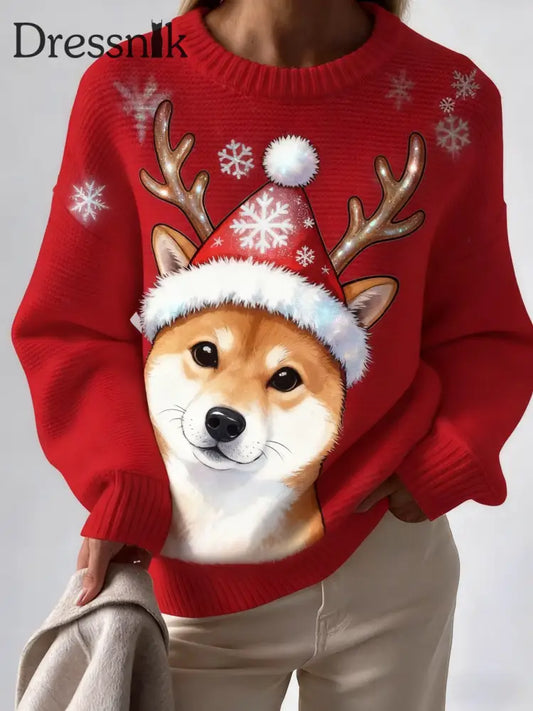Retro Weihnachten niedlich Hund bedruckt Rundhals Retro-Mode Lose Langarm Strickwaren Rot / S