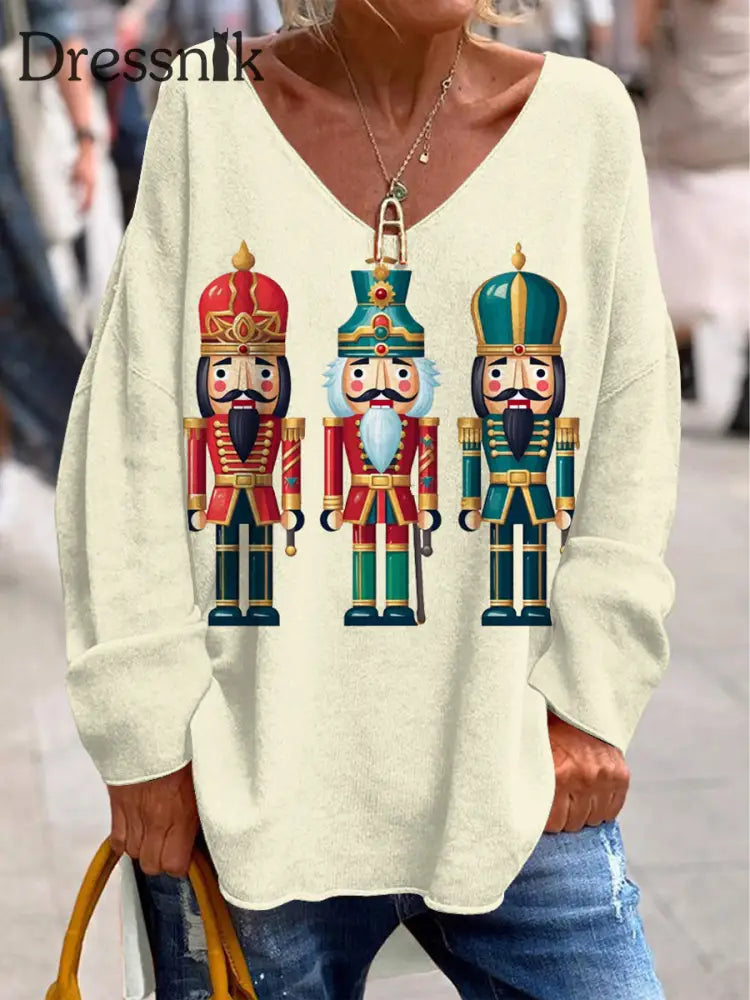 Retro Weihnachten Nussknacker Print Modische V-Ausschnitt Pullover Lang Ärmel Iges Top