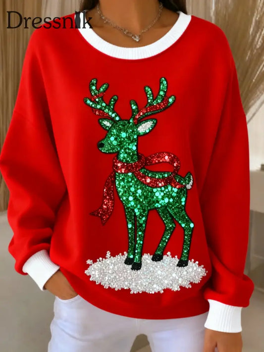 Retro Weihnachten Rentier Pailletten Lose Langarm Sweatshirt Rot / S