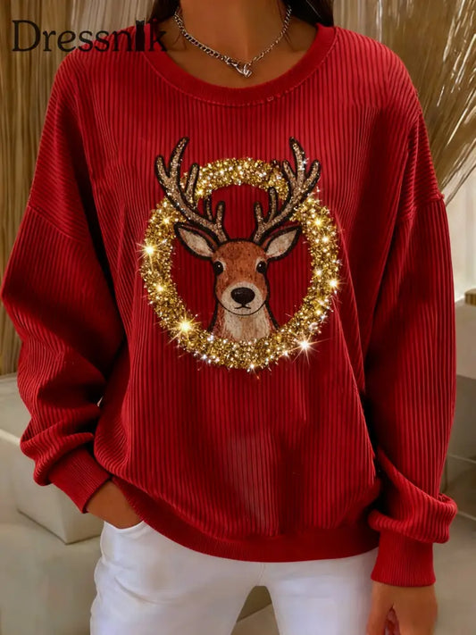 Retro Weihnachten Rentier Pailletten Lose Langarm Sweatshirt Rot / S