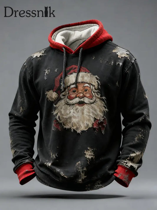 Retro Weihnachten Santa Patchwork Print Casual Langarm Kapuzen Sweatshirt Schwarz / S