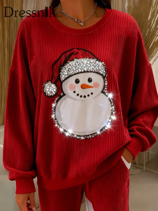 Retro Weihnachten Schneemann Pailletten Lose Langarm Sweatshirt Rot / S