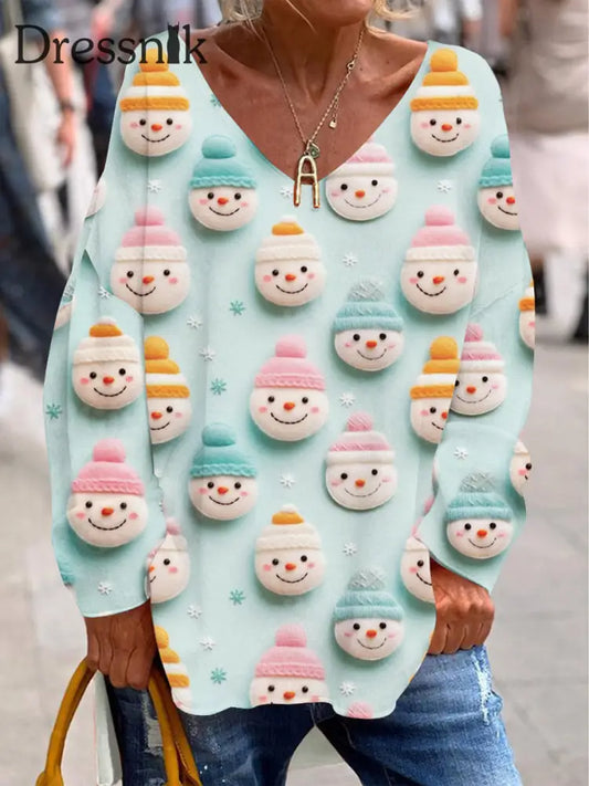 Retro Weihnachten Schneemann Print Modische V-Ausschnitt Pullover Lang Ärmel Iges Top