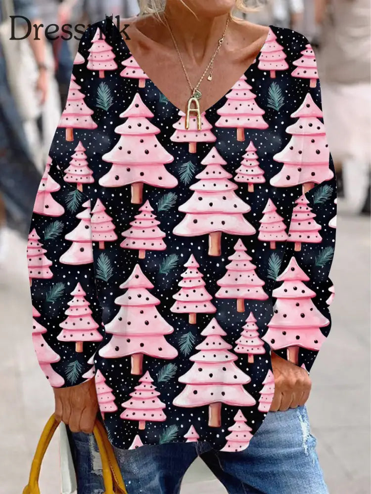 Retro Weihnachts Baum Print Modischer V-Ausschnitt Pullover Lange Ärmel