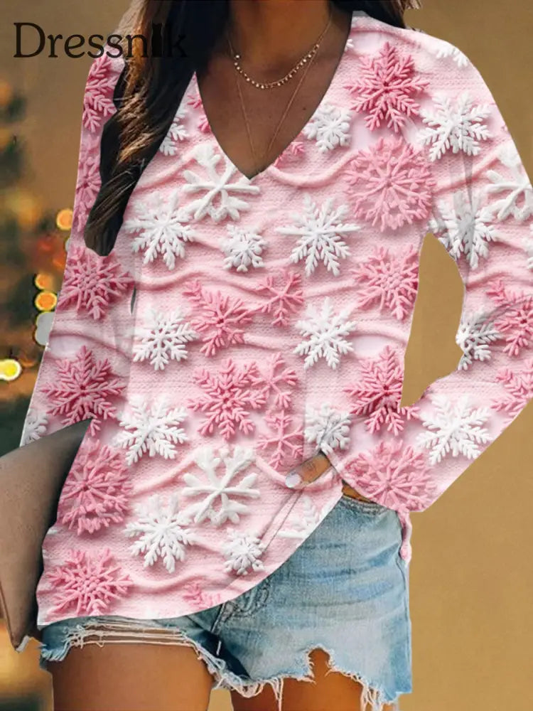 Retro Weihnachts Blumen Druck Casual V-Ausschnitt Top