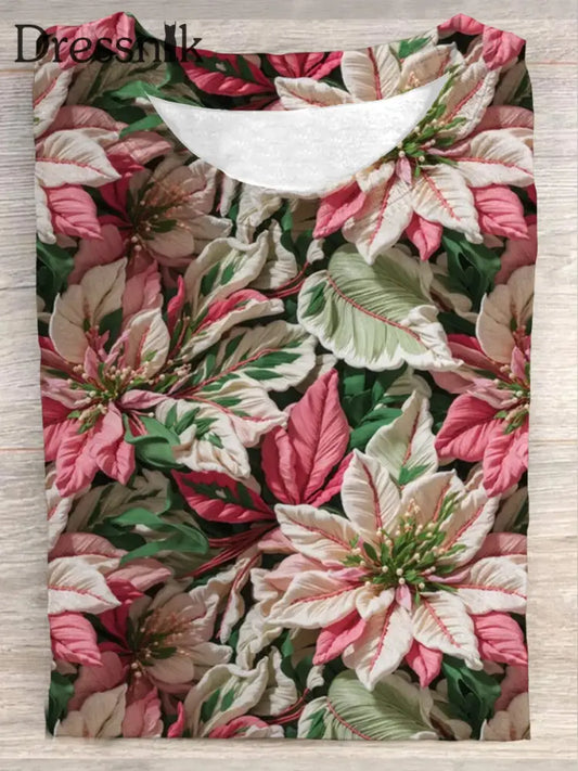 Retro Weihnachts Blumen Druck Modische Rundhals-T-Shirt