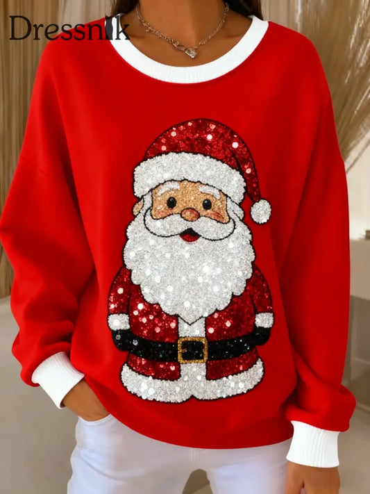Retro Weihnachts glitter Weihnachts mann gedruckt lässig Lose Langarm Top Rot / S
