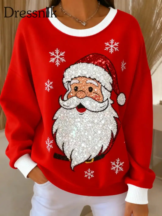 Retro Weihnachts glitter Weihnachts mann gedruckt lässig Lose Langarm Top Rot / S