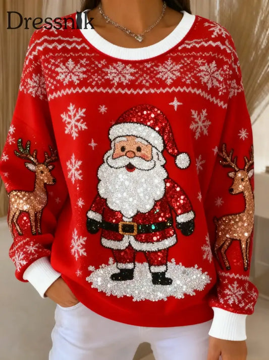 Retro Weihnachts glitter Weihnachts mann gedruckt lässig Lose Langarm Top Rot / S