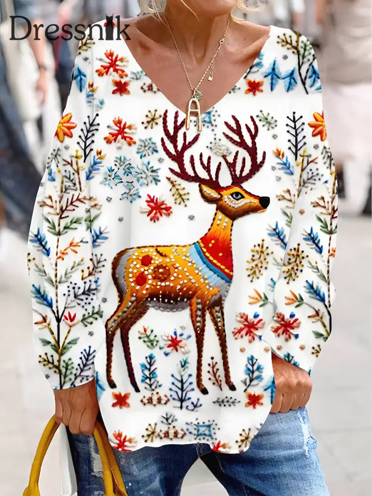 Retro Weihnachts-Hirsch-Print Modischer V-Ausschnitt Pullover Lange Ärmel