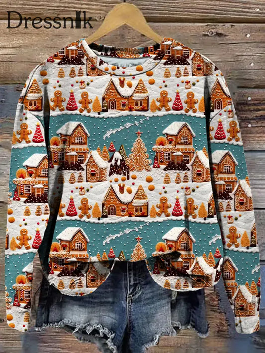 Retro Weihnachts Kabinen Druck Modische Rundhals Pullover Lange Ärmel