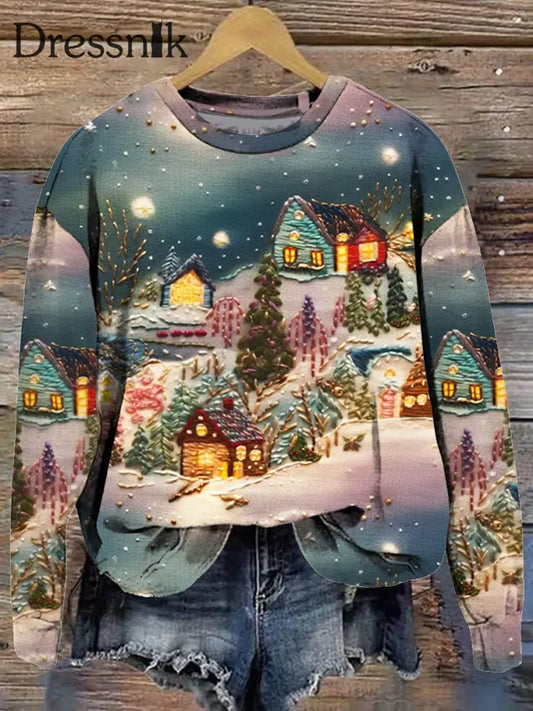 Retro Weihnachts Kabinen Druck Modische Rundhals Pullover Lange Ärmel