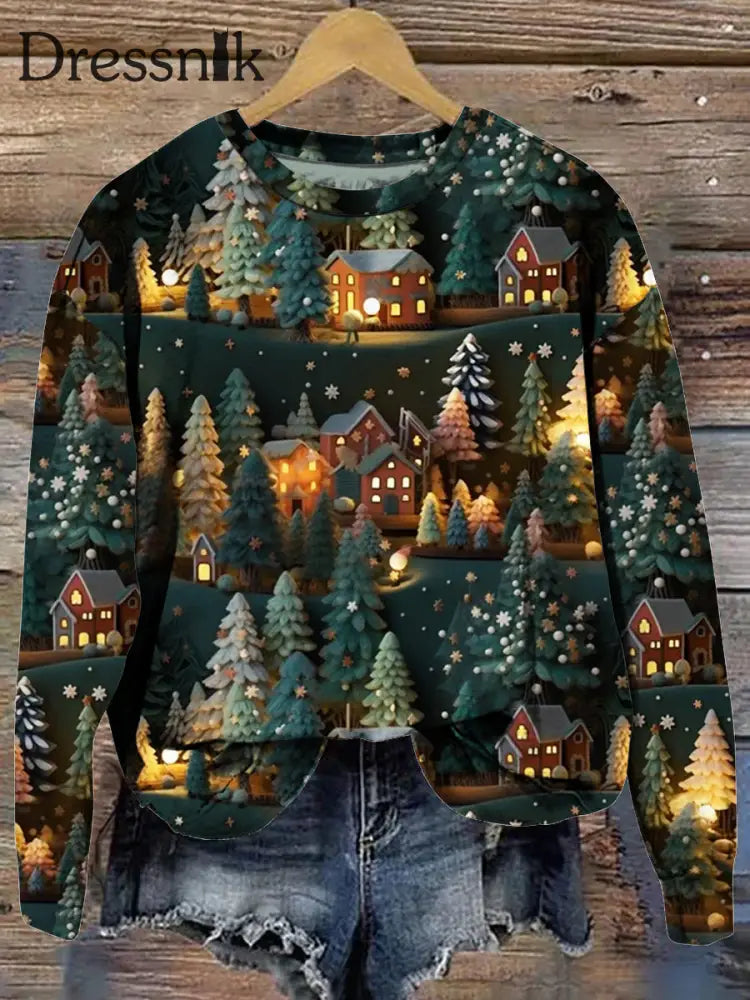 Retro Weihnachts Kabinen Druck Modische Rundhals Pullover Lange Ärmel