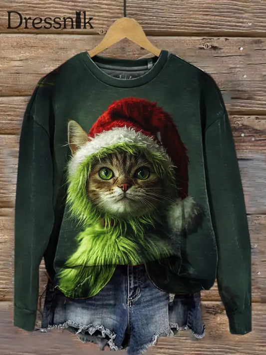 Retro Weihnachts Katze Kunstdruck Lässiger Rundhals Langarm Sport Oberteil A / S