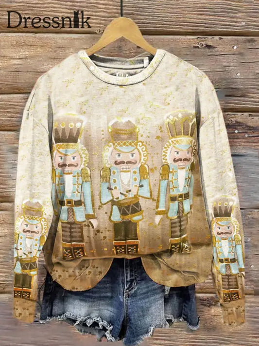 Retro Weihnachts-Nussknacker-Print Modischer Rundhals-Pullover Langarm-Sweatshirt