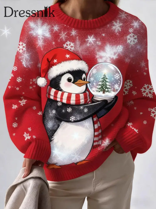 Retro Weihnachts pinguin bedruckte Rundhals-Retro-Mode Lose Langarm-Strickwaren Rot / S