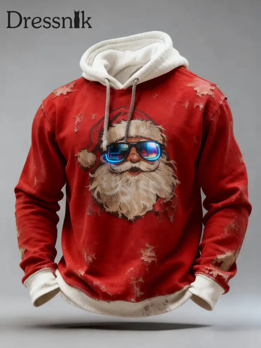 Retro Weihnachts-Sonnenbrille Weihnachts mann Print Lässiges langärmliges Kapuzen-Sweatshirt Rot / S