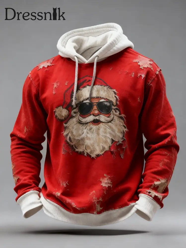 Retro Weihnachts-Sonnenbrille Weihnachts mann Print Lässiges langärmliges Kapuzen-Sweatshirt Rot / S