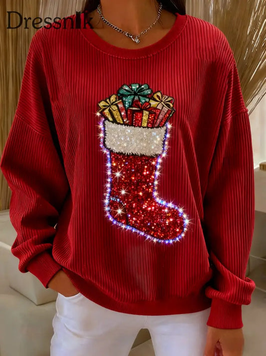 Retro Weihnachts strumpf Geschenke Pailletten Lose Langarm Sweatshirt Rot / S
