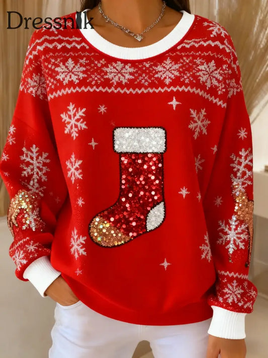 Retro-Weihnachts strumpf mit Pailletten bedrucktes lässiges langärmliges Oberteil Rot / S