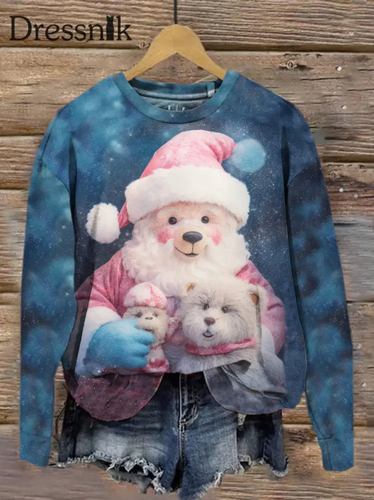 Retro Weihnachts Weißer Bär Und Sein Puppen Druck Modischer Rundhals Pullover Langarm Sweatshirt