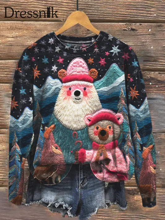 Retro Weihnachts Weißer Bär Und Waschbär Print Modischer Rundhals Pullover Langarm Sweatshirt