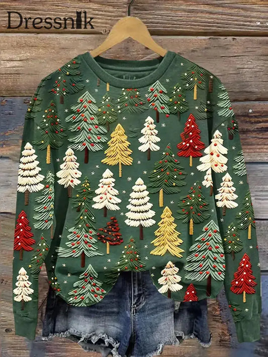 Retro Weihnachtsbaum-Druck Mode Rundhals-Baumwolle Lang Ärmelig Sweatshirt