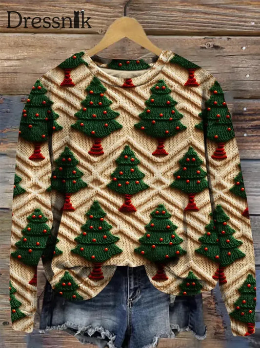 Retro Weihnachtsbaum-Print Modischer Rundhals-Pullover Langarm-Sweatshirt