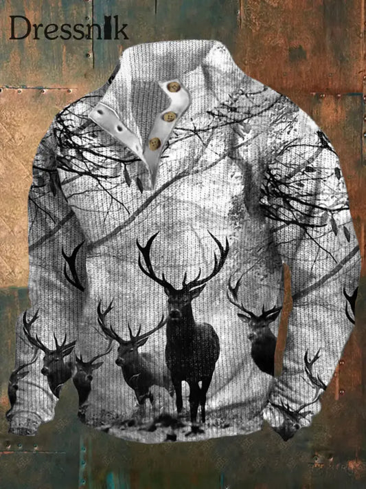 Retro Western Art Print Design V-Ausschnitt Reiß Verschluss Langarm Pullover Sweatshirt A / S