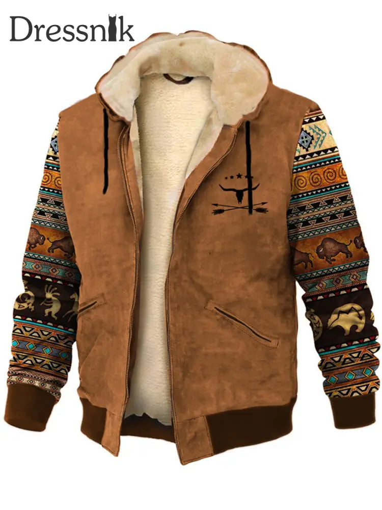 Retro Western Bull Bedruckte Revers Flauschige Kragen Strickjacke Mit Reiß Verschluss Tasche