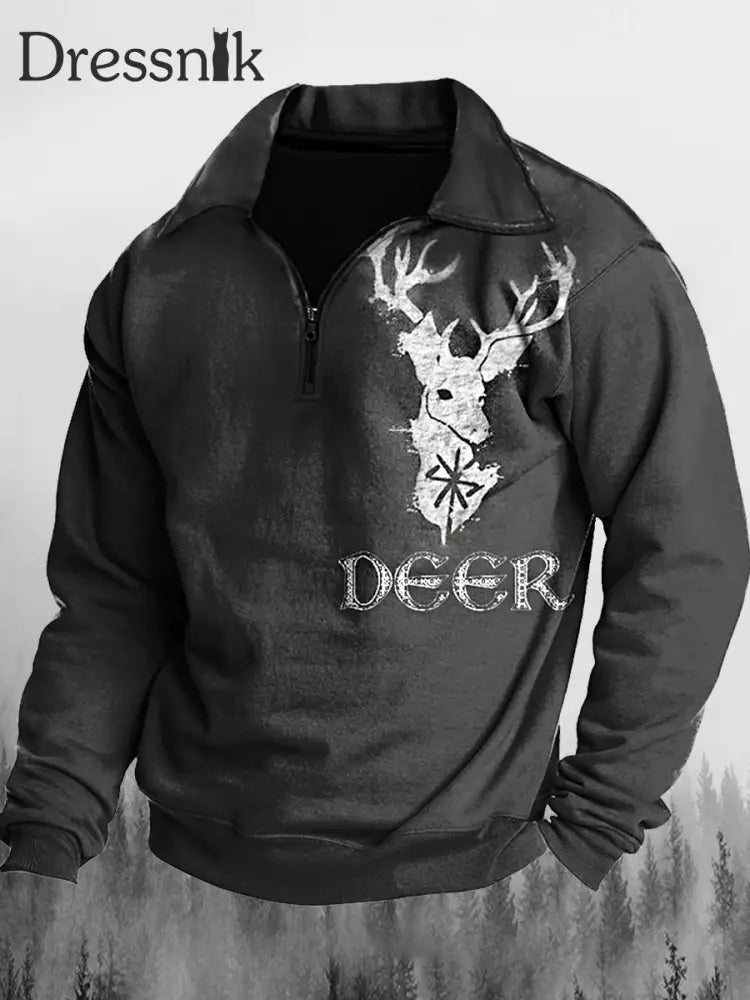 Retro Western Deer Bedrucktes Ständer Revers Kragen Reiß Verschluss Flush Outdoor Sweatshirt A / S