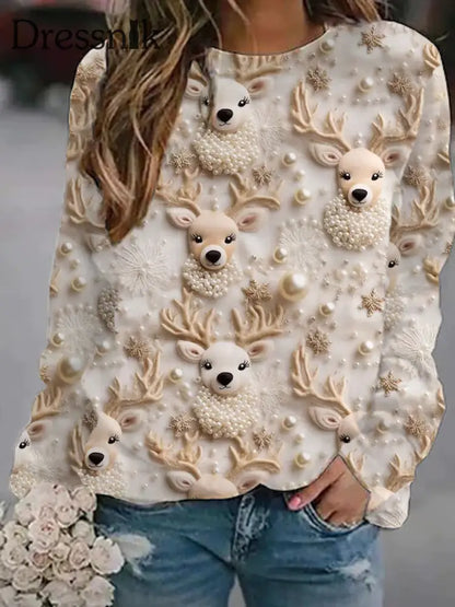 Retro Western Deer Head Print Modischer Rundhals Pullover Langarm Sweatshirt